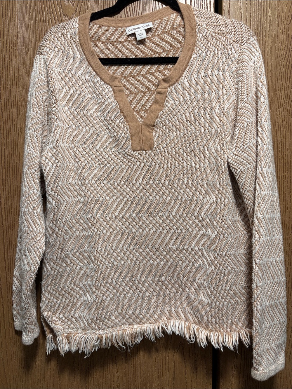 Coldwater Creek Women's Tan & Cream Fringe-Hem Knit Pullover